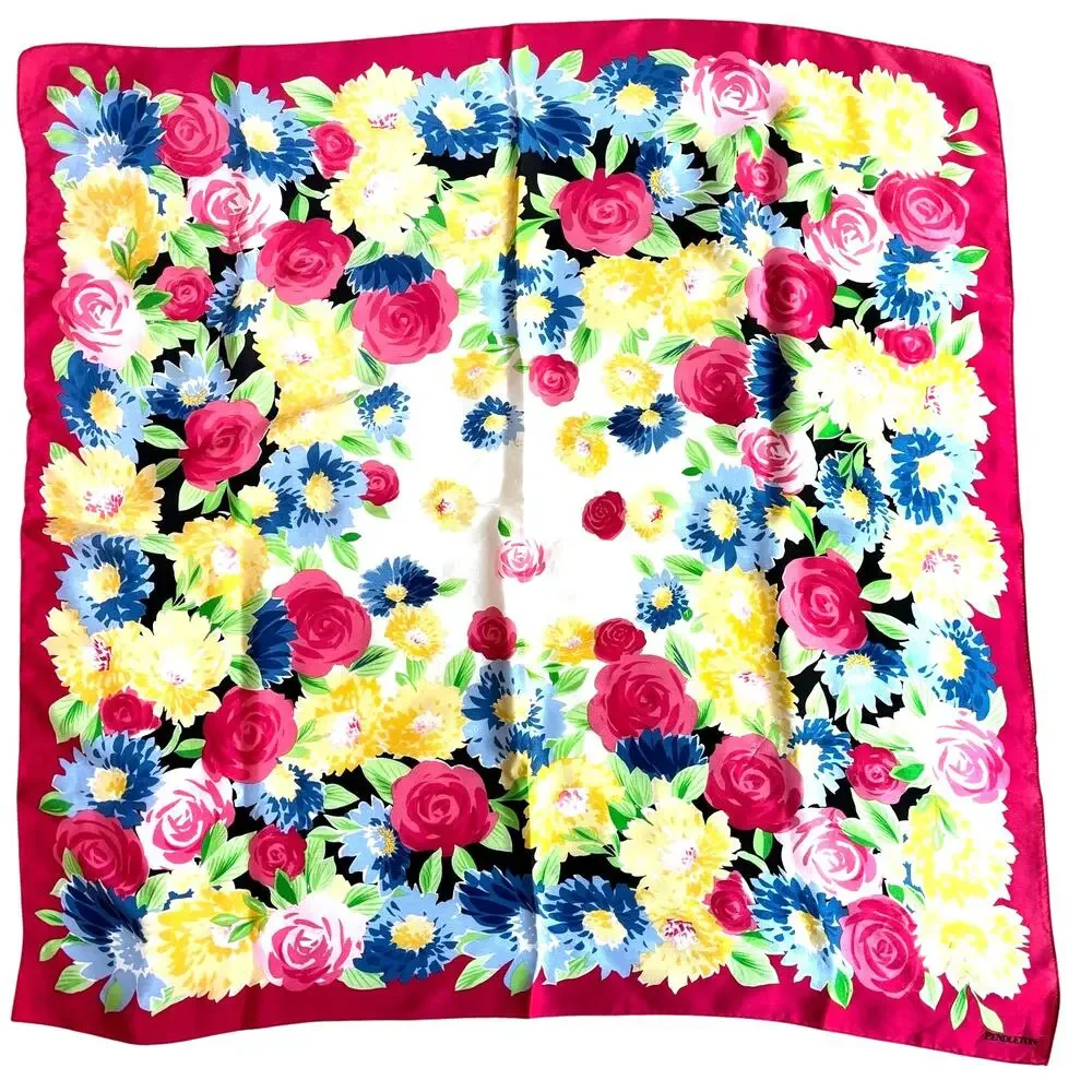 Vintage Pendleton silk scarf colorful floral square pink yellow watercolor motif